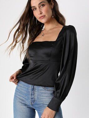 Lulus Made For Style Black Satin Padded Shoulder Square Neck Top - Size XL